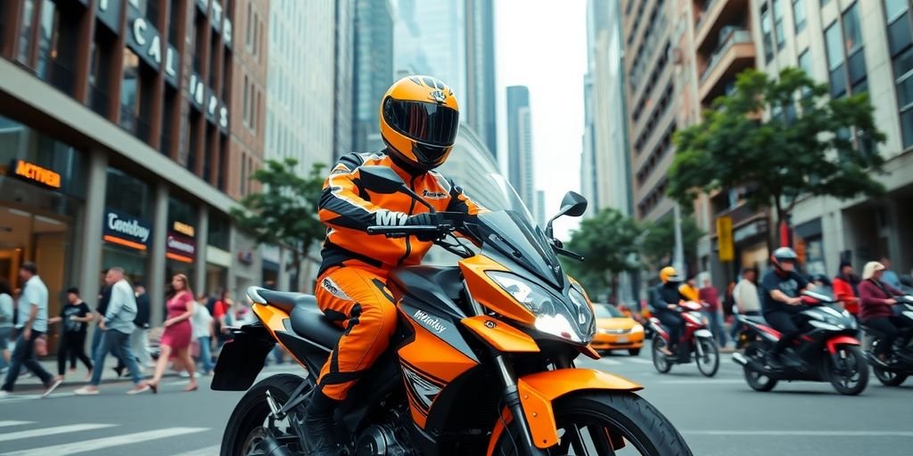 Motoboy em uniforme brilhante pilotando moto na cidade.