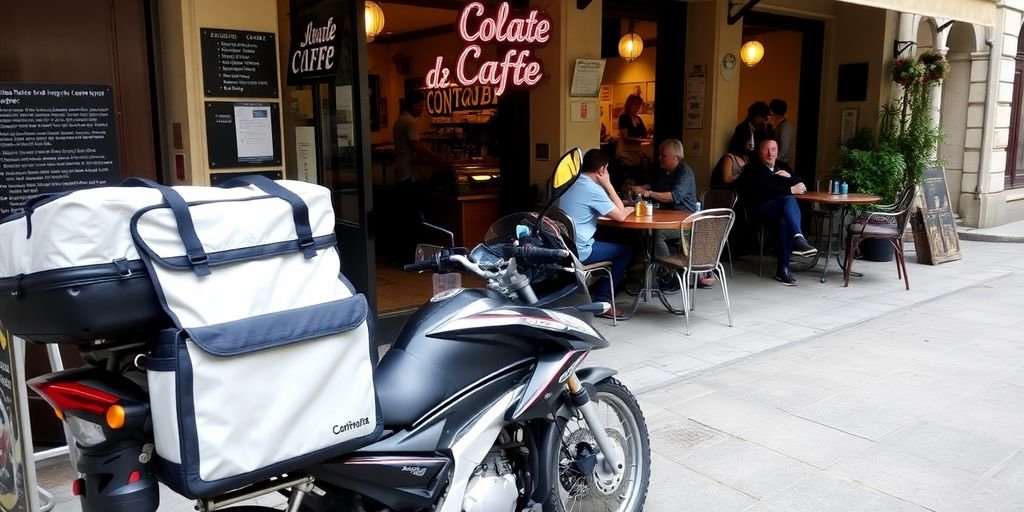 Motoboy com moto em frente a um café.