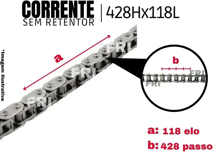 Corrente metálica com fundo branco, destacando o produto e informações em texto. Corrente metálica com fundo branco, destacando o produto e informações em texto.