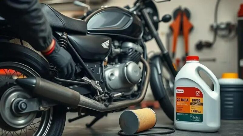 Passo a passo para trocar óleo e filtro na Honda CG 160: drenar óleo, trocar filtro, completar com óleo 10W40